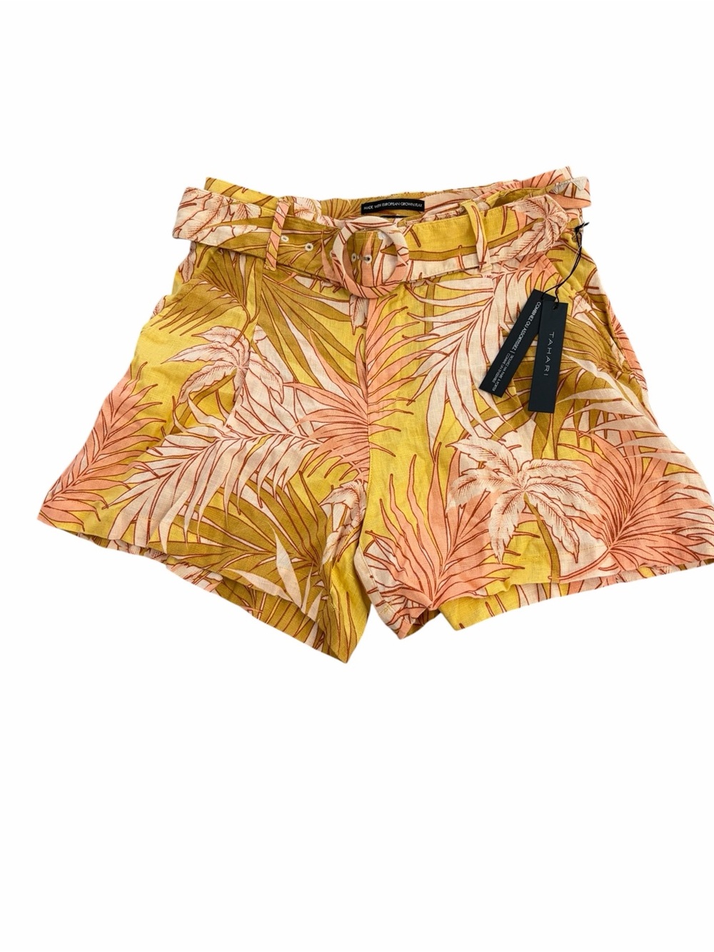 T Tahari Yellow Tropical Print Belted 100% Linen Women's Shorts Size 6